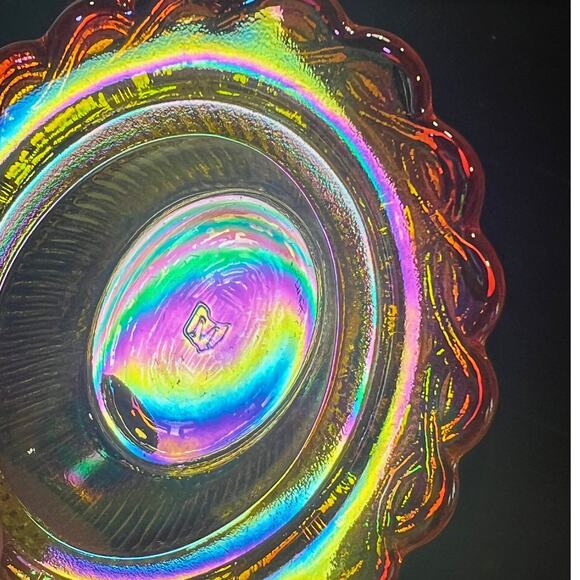 Mini Marigold Carnival Glass Hen on Nest | Iridescent Covered Chicken Dish - Picture 5 of 8